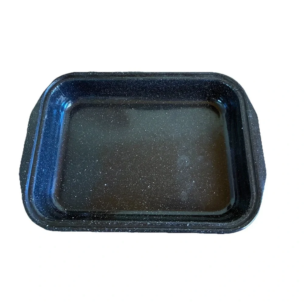 Vintage Enamelware Graniteware‎ Roasting Tray Baking Pan Black Speckled 12x8x2